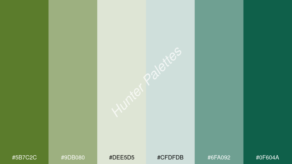 fehér szín palettája a következőkkel: #5b7c2c #9db080 #dee5d5 #cfdfdb #6fa092 #0f604a