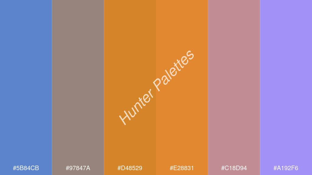 mandarin szín palettája a következőkkel: #5b84cb #97847a #d48529 #e28831 #c18d94 #a192f6