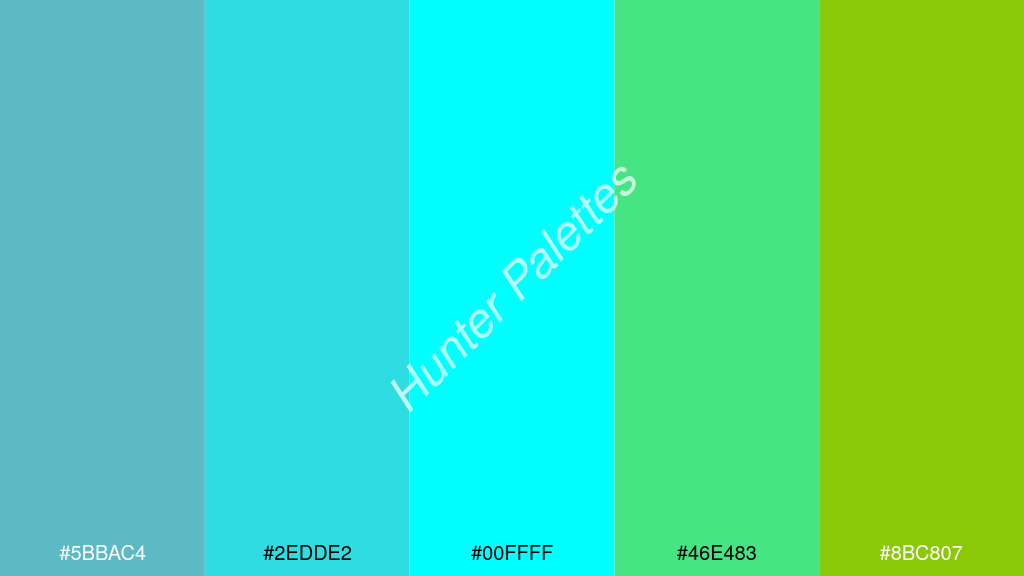 cián szín palettája a következőkkel: #5bbac4 #2edde2 #00ffff #46e483 #8bc807