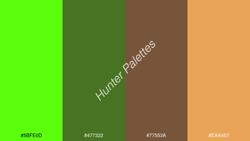 wenge szín palettája a következőkkel: #5bfe0d #477322 #77553a #eaa457