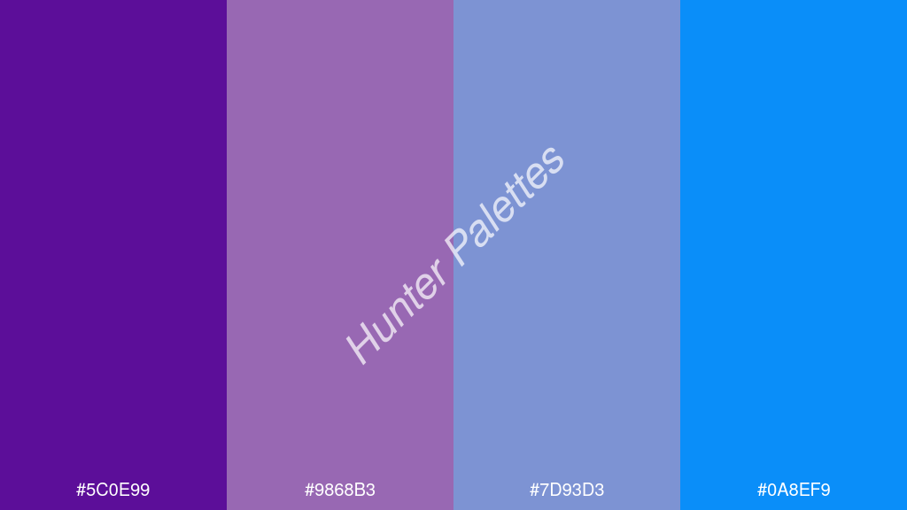 orgona szín palettája a következőkkel: #5c0e99 #9868b3 #7d93d3 #0a8ef9