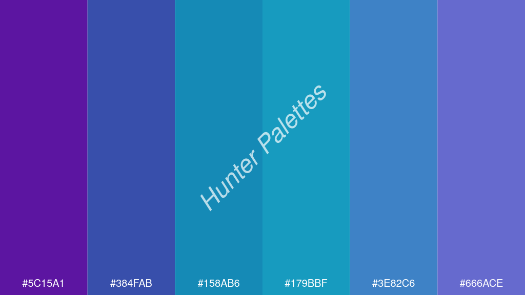 akvamarin kék szín palettája a következőkkel: #5c15a1 #384fab #158ab6 #179bbf #3e82c6 #666ace