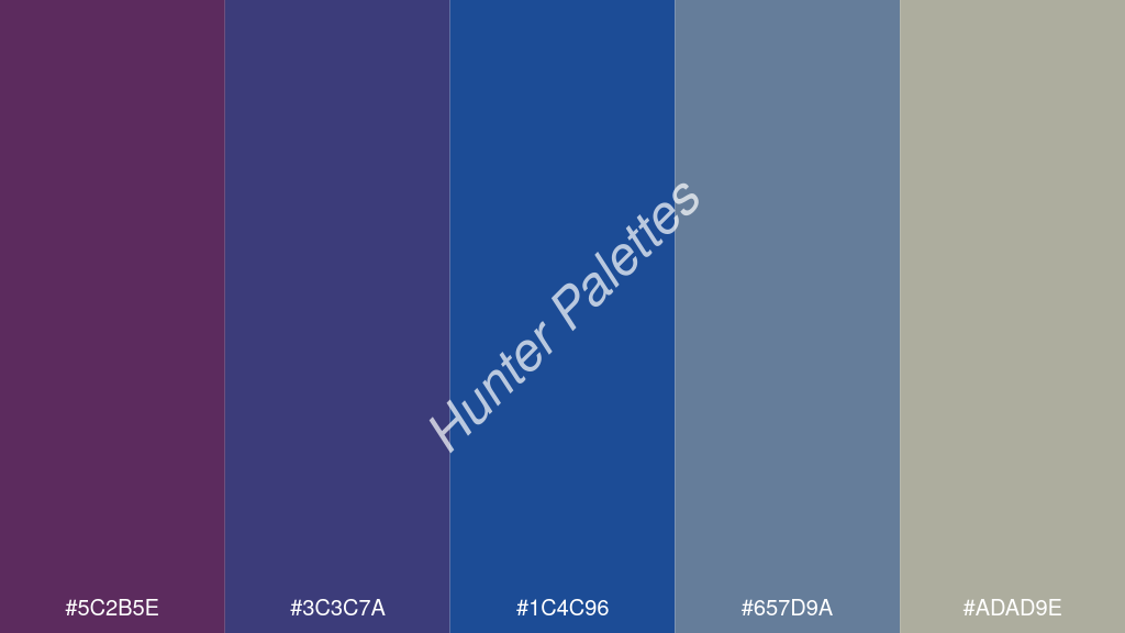 indigókék szín palettája a következőkkel: #5c2b5e #3c3c7a #1c4c96 #657d9a #adad9e