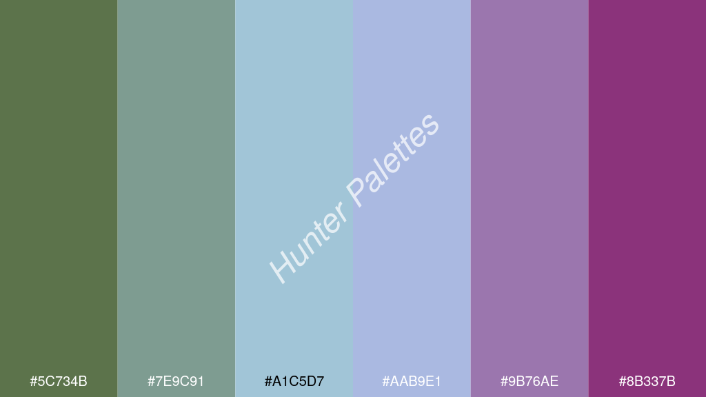 pasztellkék szín palettája a következőkkel: #5c734b #7e9c91 #a1c5d7 #aab9e1 #9b76ae #8b337b