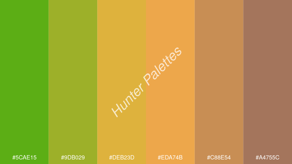 pasztell narancssárga szín palettája a következőkkel: #5cae15 #9db029 #deb23d #eda74b #c88e54 #a4755c