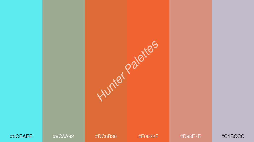 fluoreszkáló narancs szín palettája a következőkkel: #5ceaee #9caa92 #dc6b36 #f0622f #d98f7e #c1bccc