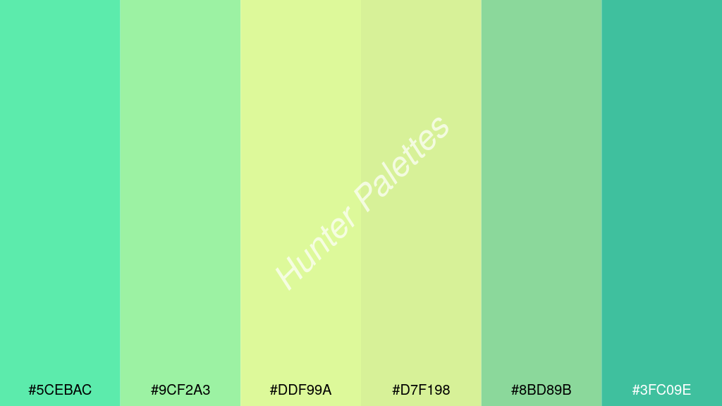 pasztell sárga szín palettája a következőkkel: #5cebac #9cf2a3 #ddf99a #d7f198 #8bd89b #3fc09e