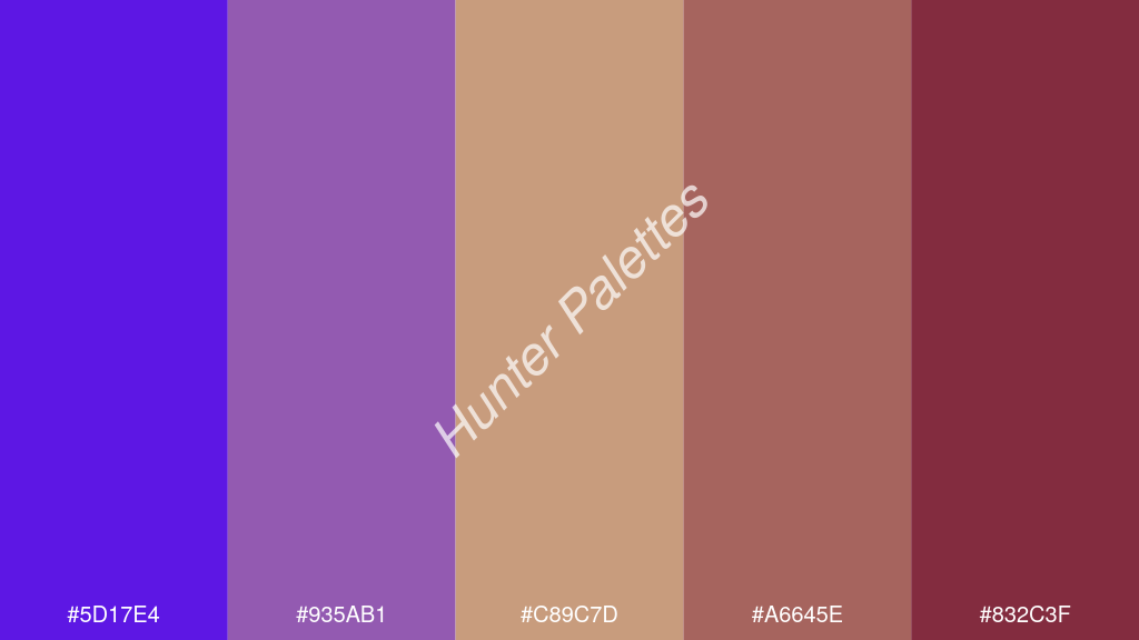 terracotta szín palettája a következőkkel: #5d17e4 #935ab1 #c89c7d #a6645e #832c3f