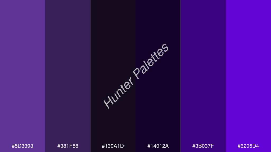 fekete szín palettája a következőkkel: #5d3393 #381f58 #130a1d #14012a #3b037f #6205d4