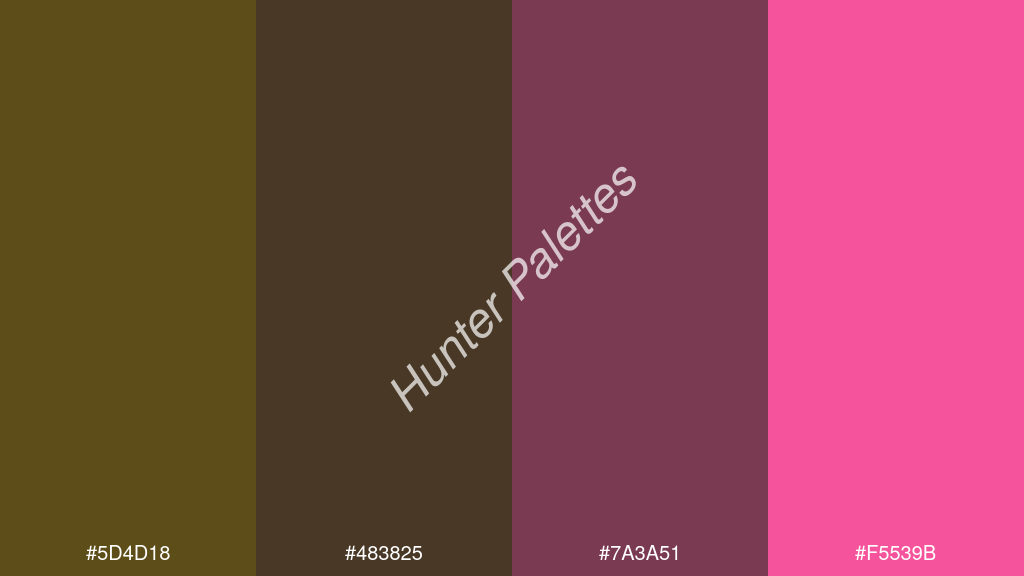 wenge szín palettája a következőkkel: #5d4d18 #483825 #7a3a51 #f5539b