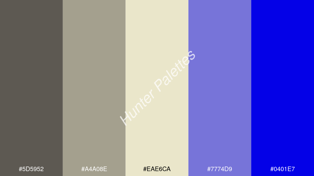 gyöngyház fehér szín palettája a következőkkel: #5d5952 #a4a08e #eae6ca #7774d9 #0401e7