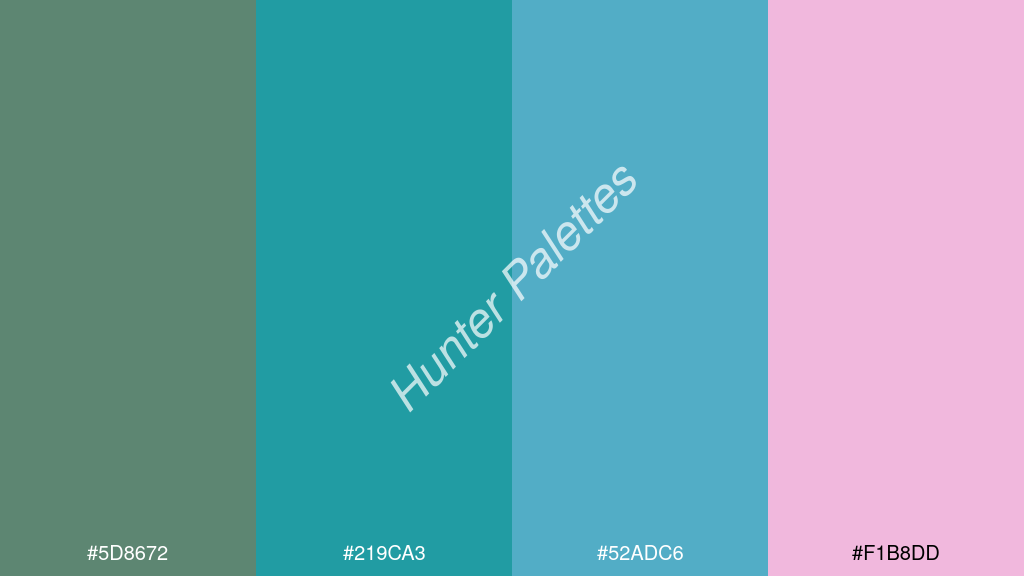 akvamarin kék szín palettája a következőkkel: #5d8672 #219ca3 #52adc6 #f1b8dd