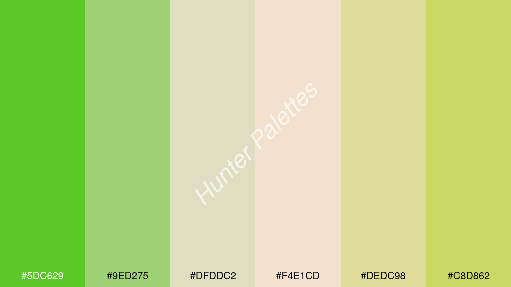 halvány rózsaszín szín palettája a következőkkel: #5dc629 #9ed275 #dfddc2 #f4e1cd #dedc98 #c8d862