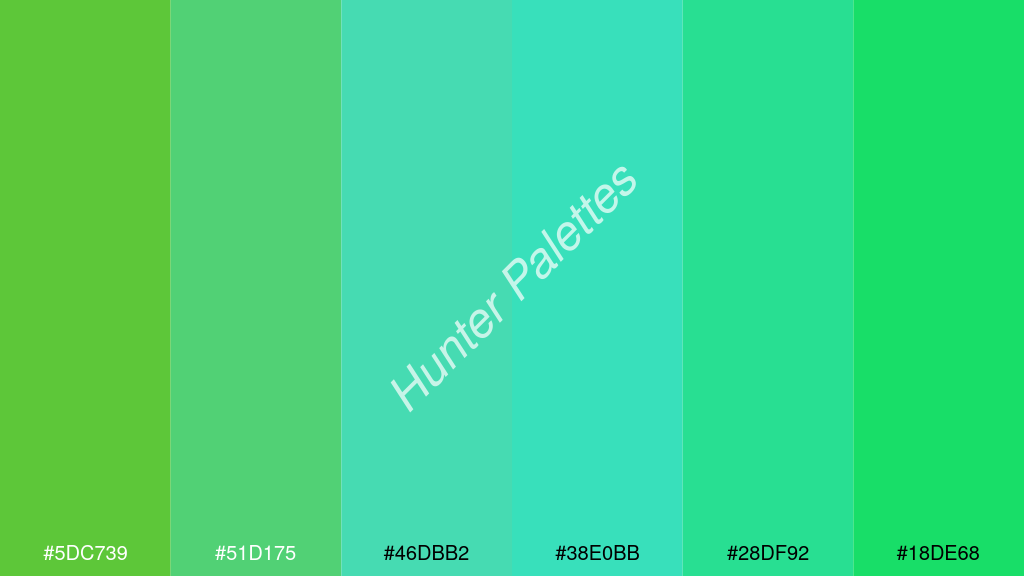 türkiz szín palettája a következőkkel: #5dc739 #51d175 #46dbb2 #38e0bb #28df92 #18de68