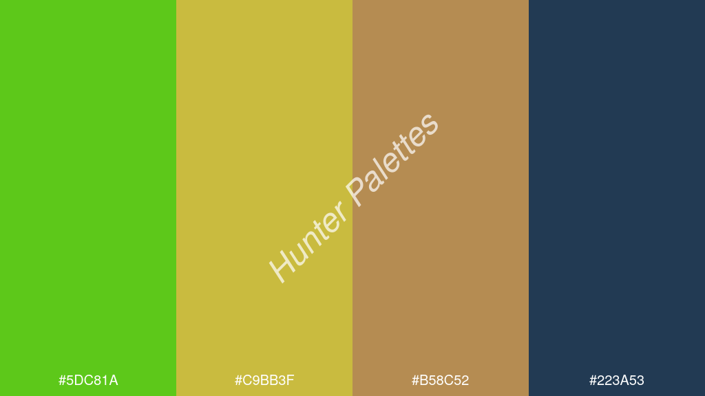 világos narancs szín palettája a következőkkel: #5dc81a #c9bb3f #b58c52 #223a53