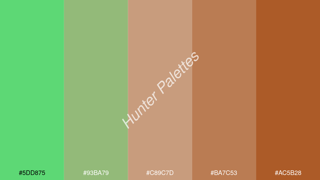 terracotta szín palettája a következőkkel: #5dd875 #93ba79 #c89c7d #ba7c53 #ac5b28