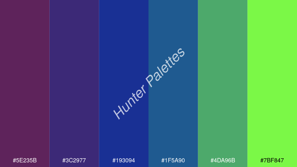 királykék szín palettája a következőkkel: #5e235b #3c2977 #193094 #1f5a90 #4da96b #7bf847