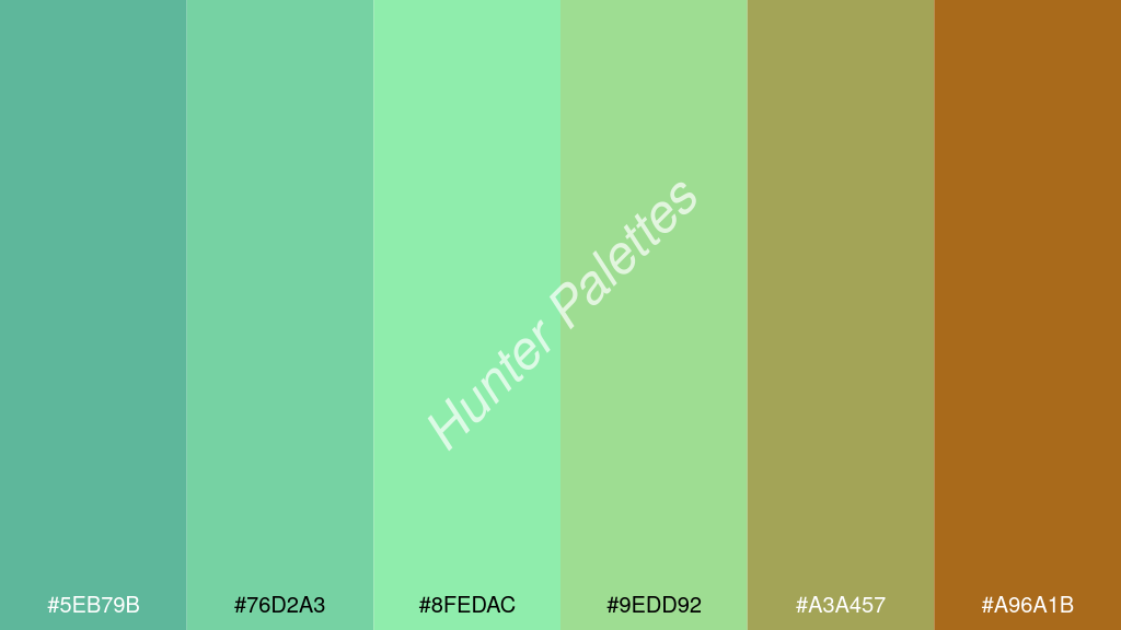 menta szín palettája a következőkkel: #5eb79b #76d2a3 #8fedac #9edd92 #a3a457 #a96a1b