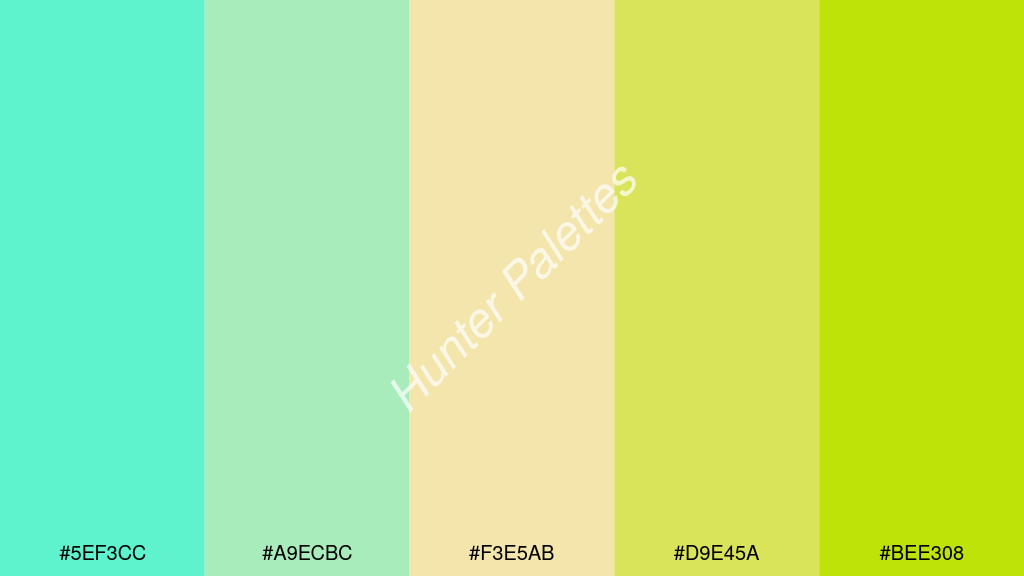 vanília szín palettája a következőkkel: #5ef3cc #a9ecbc #f3e5ab #d9e45a #bee308