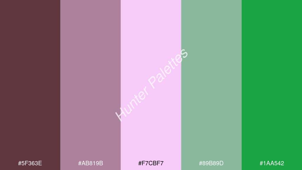 világos rózsaszín szín palettája a következőkkel: #5f363e #ab819b #f7cbf7 #89b89d #1aa542