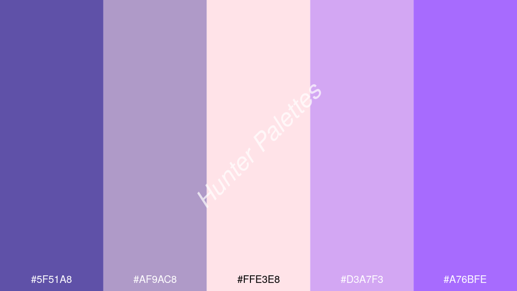 halvány rózsaszín szín palettája a következőkkel: #5f51a8 #af9ac8 #ffe3e8 #d3a7f3 #a76bfe