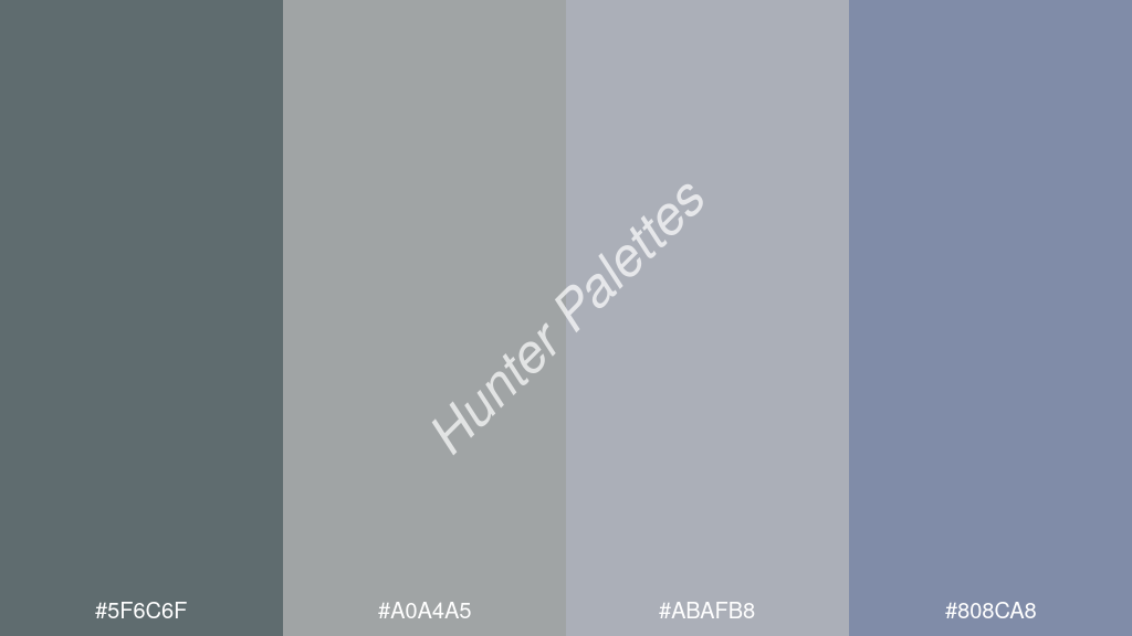 ezüstszürke szín palettája a következőkkel: #5f6c6f #a0a4a5 #abafb8 #808ca8
