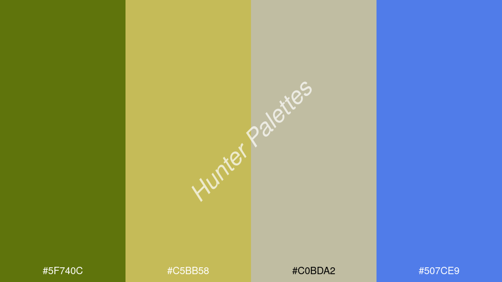 jázmin szín palettája a következőkkel: #5f740c #c5bb58 #c0bda2 #507ce9