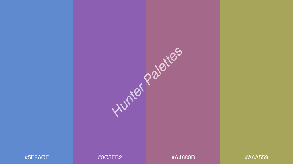 lila szín palettája a következőkkel: #5f8acf #8c5fb2 #a4688b #a6a559