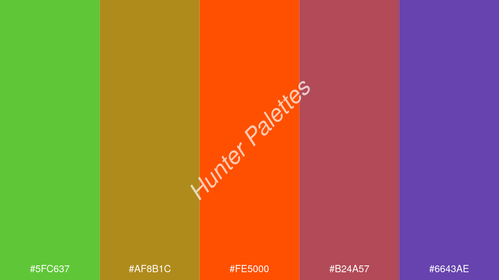 Pantone narancs szín palettája a következőkkel: #5fc637 #af8b1c #fe5000 #b24a57 #6643ae