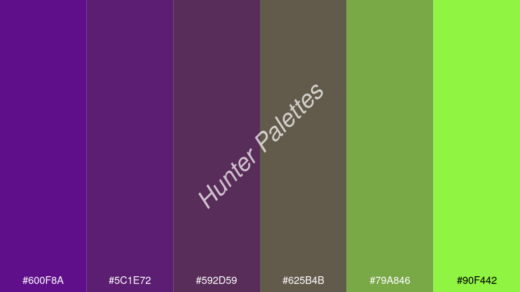 szilva szín palettája a következőkkel: #600f8a #5c1e72 #592d59 #625b4b #79a846 #90f442