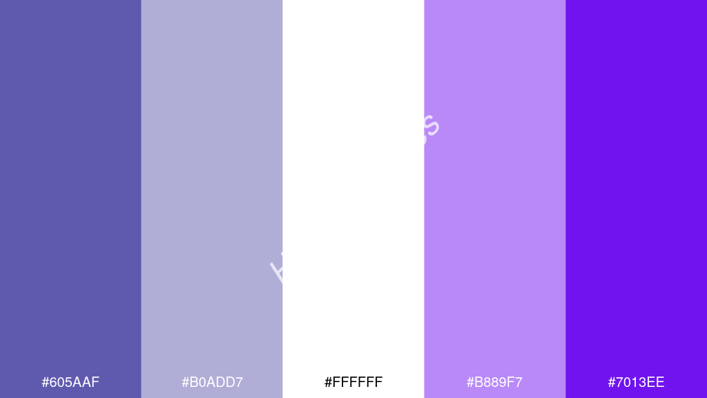 fehér szín palettája a következőkkel: #605aaf #b0add7 #ffffff #b889f7 #7013ee