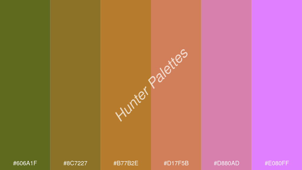 bronz szín palettája a következőkkel: #606a1f #8c7227 #b77b2e #d17f5b #d880ad #e080ff