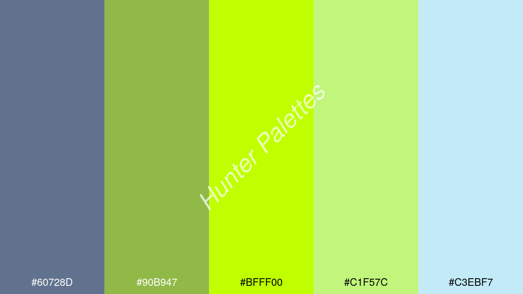 limezöld szín palettája a következőkkel: #60728d #90b947 #bfff00 #c1f57c #c3ebf7