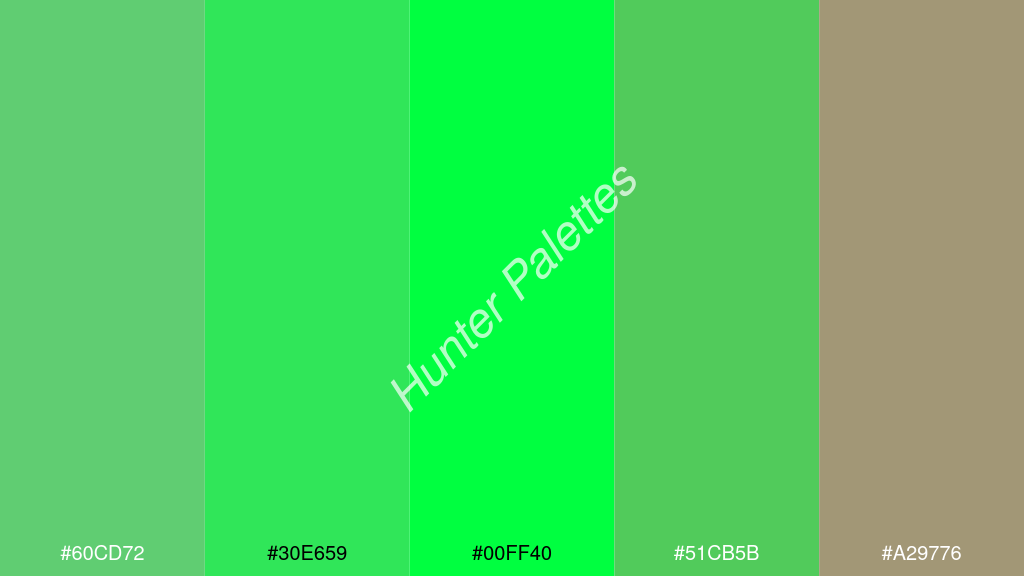 fluoreszkáló zöld szín palettája a következőkkel: #60cd72 #30e659 #00ff40 #51cb5b #a29776