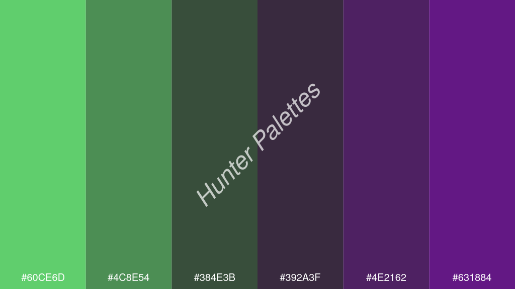 sötét szürke szín palettája a következőkkel: #60ce6d #4c8e54 #384e3b #392a3f #4e2162 #631884