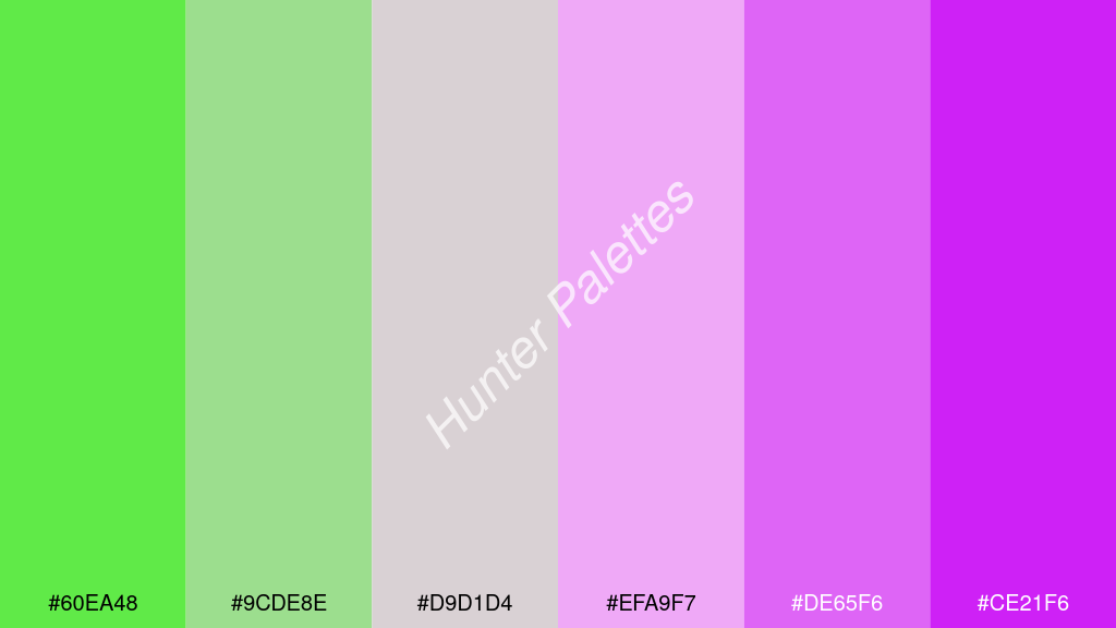 világos rózsaszín szín palettája a következőkkel: #60ea48 #9cde8e #d9d1d4 #efa9f7 #de65f6 #ce21f6