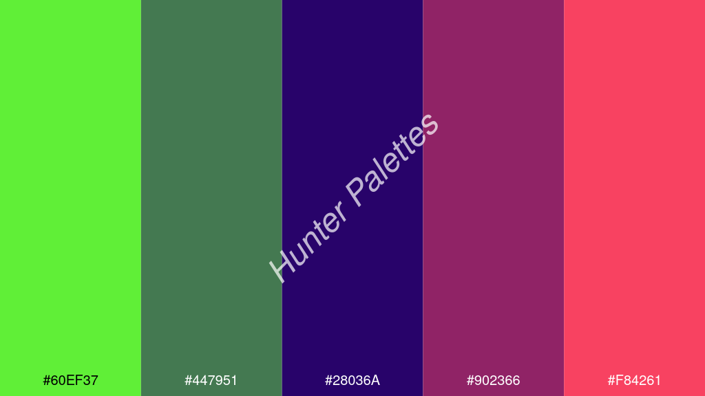Francia kék szín palettája a következőkkel: #60ef37 #447951 #28036a #902366 #f84261