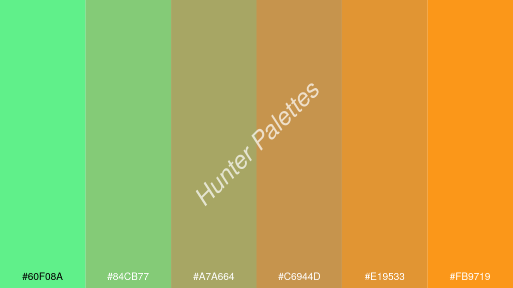 okker szín palettája a következőkkel: #60f08a #84cb77 #a7a664 #c6944d #e19533 #fb9719