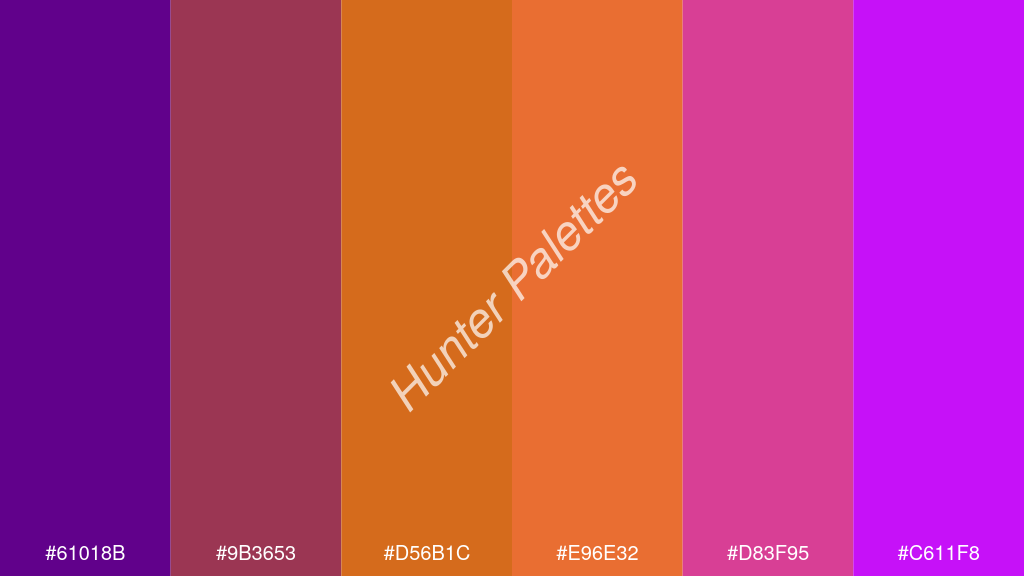 mandarin szín palettája a következőkkel: #61018b #9b3653 #d56b1c #e96e32 #d83f95 #c611f8