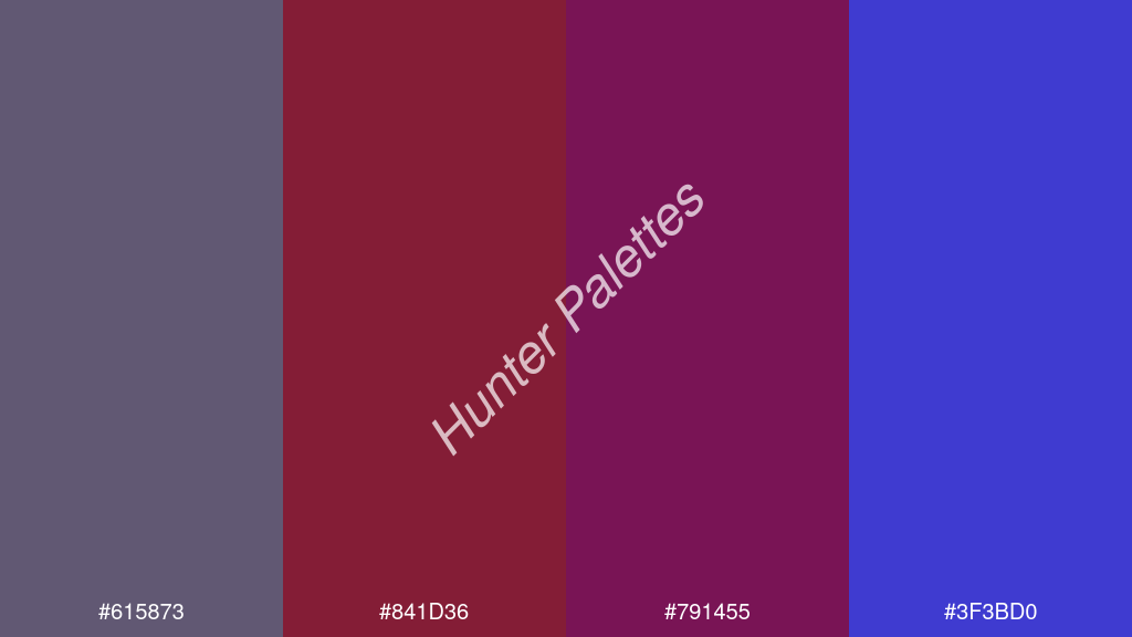 karmazsin szín palettája a következőkkel: #615873 #841d36 #791455 #3f3bd0