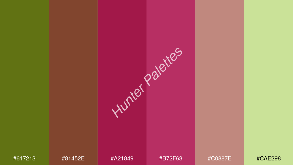 élénk rózsaszín szín palettája a következőkkel: #617213 #81452e #a21849 #b72f63 #c0887e #cae298