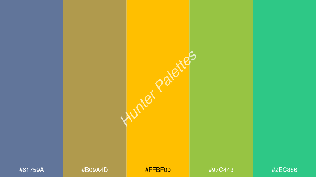 borostyán szín palettája a következőkkel: #61759a #b09a4d #ffbf00 #97c443 #2ec886