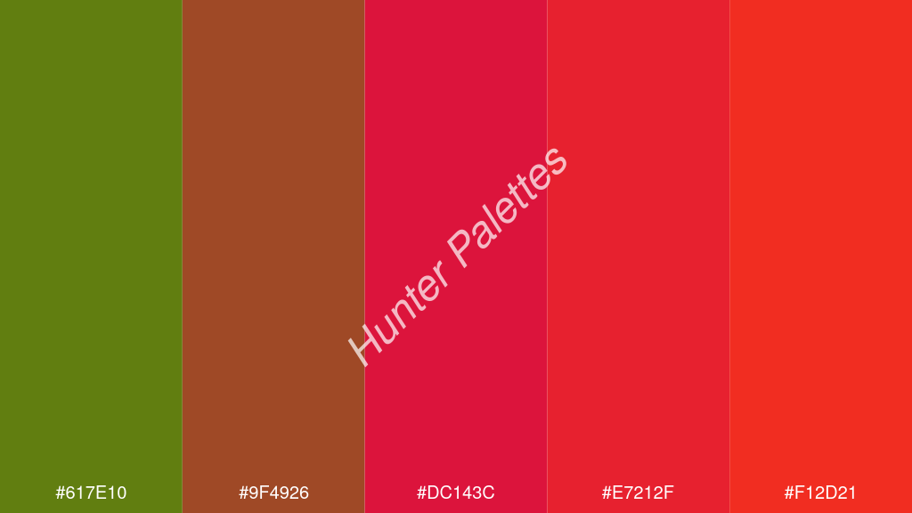 bíbor szín palettája a következőkkel: #617e10 #9f4926 #dc143c #e7212f #f12d21