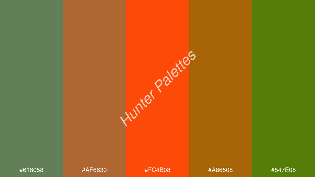 fluoreszkáló narancs szín palettája a következőkkel: #618058 #af6630 #fc4b08 #a86508 #547e08