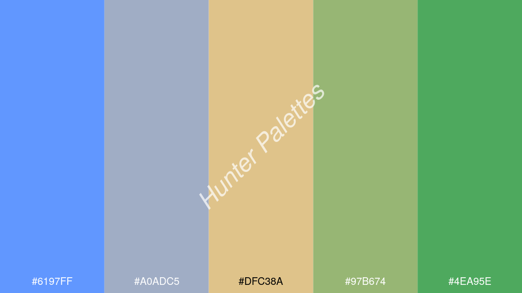 khaki szín palettája a következőkkel: #6197ff #a0adc5 #dfc38a #97b674 #4ea95e