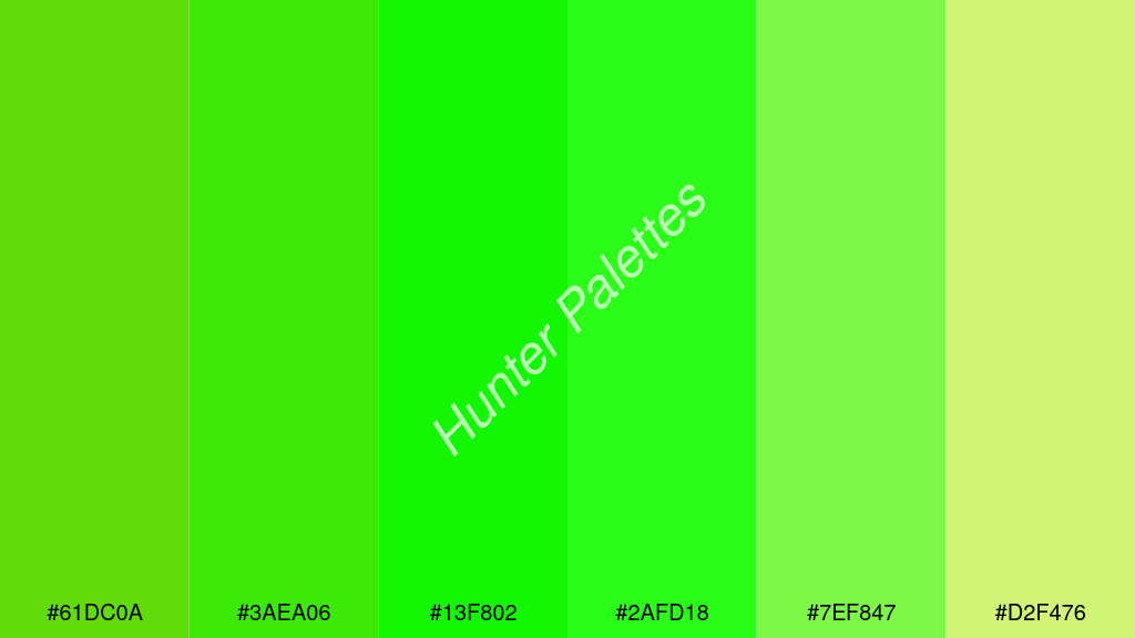 zöld szín palettája a következőkkel: #61dc0a #3aea06 #13f802 #2afd18 #7ef847 #d2f476