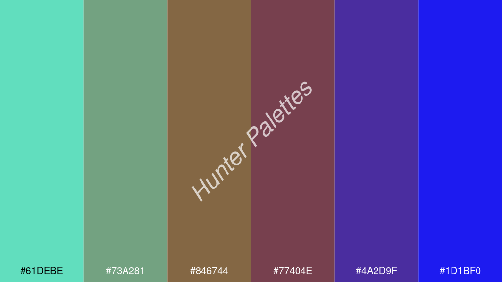 barna szín palettája a következőkkel: #61debe #73a281 #846744 #77404e #4a2d9f #1d1bf0