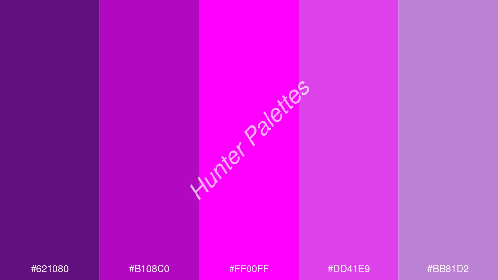 magenta szín palettája a következőkkel: #621080 #b108c0 #ff00ff #dd41e9 #bb81d2