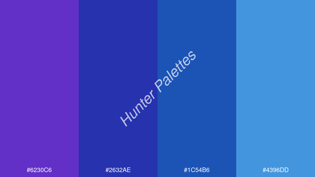 királykék szín palettája a következőkkel: #6230c6 #2632ae #1c54b6 #4396dd