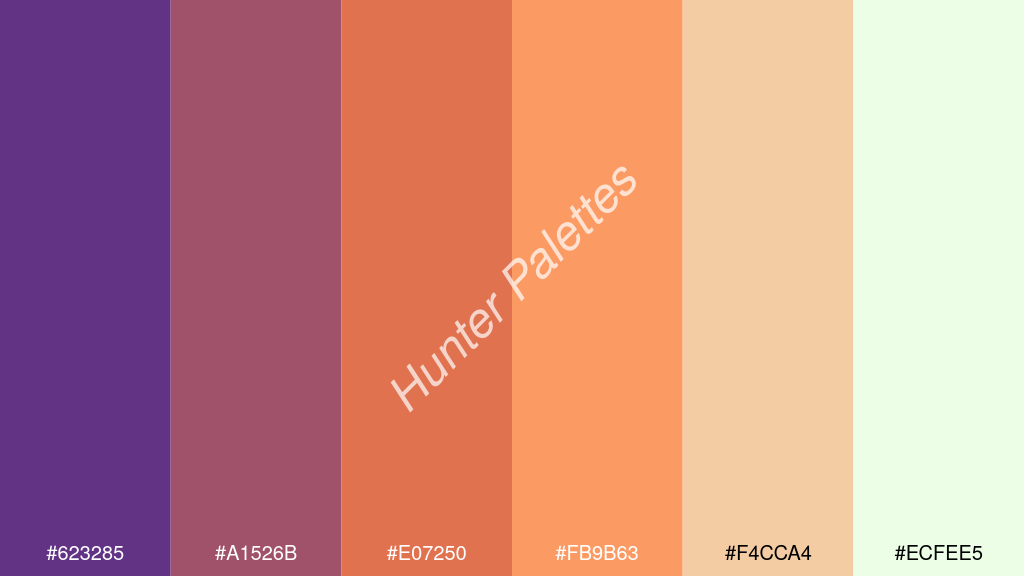 mangó szín palettája a következőkkel: #623285 #a1526b #e07250 #fb9b63 #f4cca4 #ecfee5